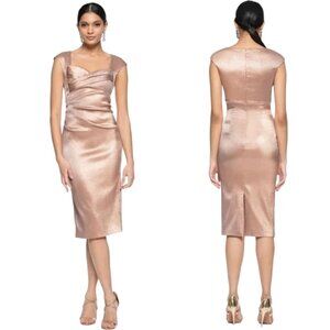 NWOT $650 THEIA Sz 8 Draped Bodice Cocktail Dress Lamé Metallic Pink Cap Sleeve